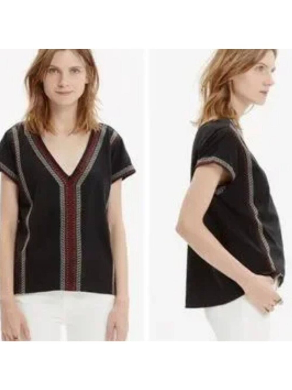 Madewell Black V-Neck Embroidered Cotton-Linen Blend Top - Size: Small